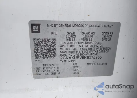 2019 Chevrolet Equinox Lt из США, поврежденный, VIN 2GNAXUEV5K6175955